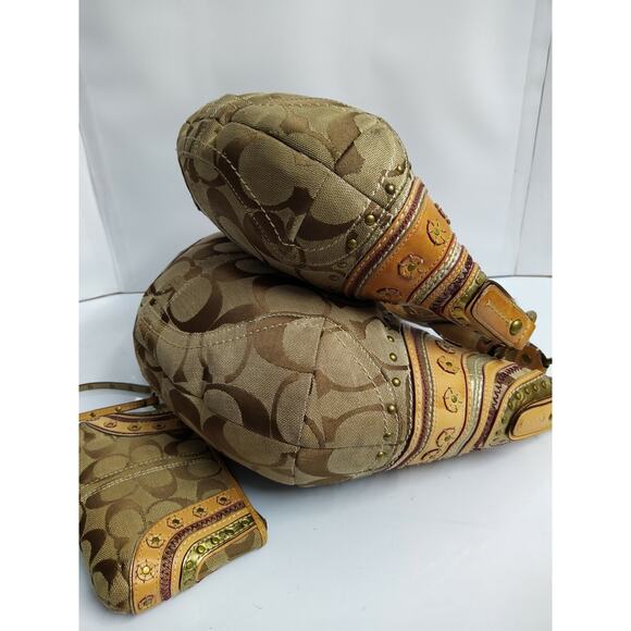 Coach Set of 3 Bags - Soho Brown Signature Canvas Stitched Grommet Studded Hobo - Picture 9 of 12